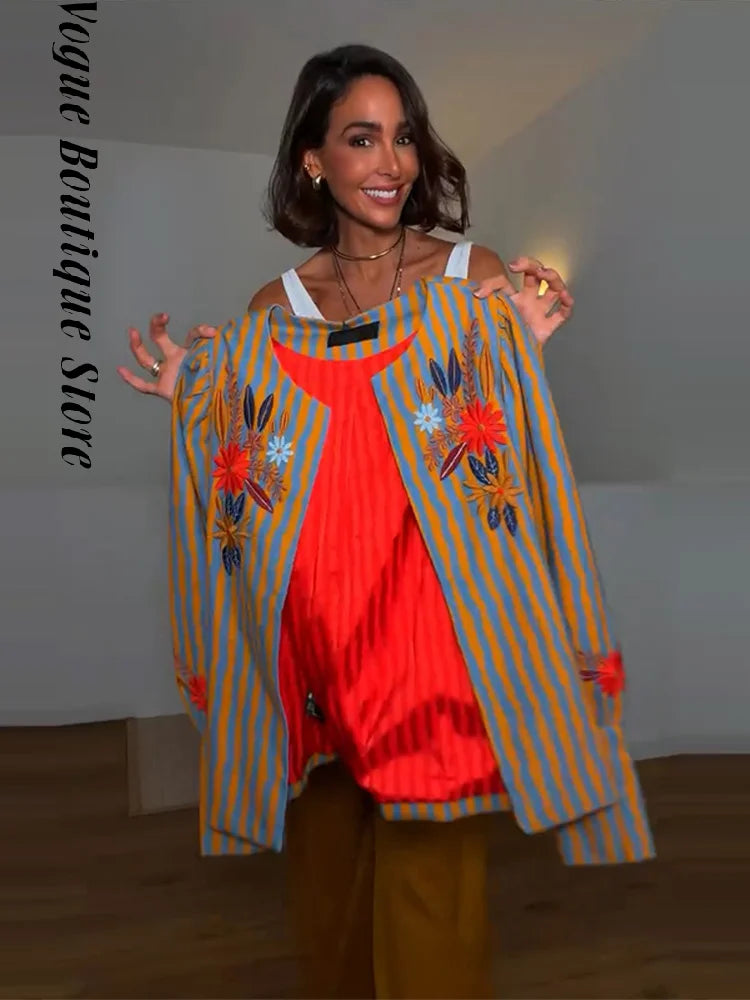 Elegant Striped Embroidered Open Stitch Jacket for Women