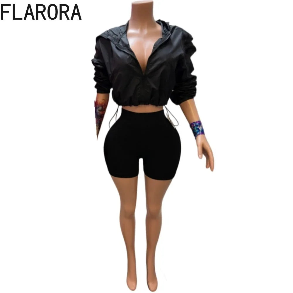 Hooded Zip Crop Jacket And Skinny Shorts Set for Women