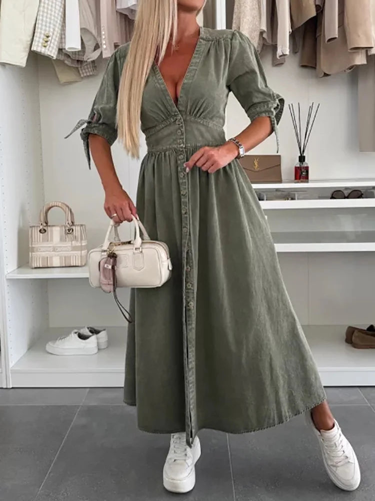 Spring Summer V Neck Fashion Maxi Dress, Women Half Sleeve Elegant Simple Party Dress, Single-Breasted Chic Ladies Dress Vestido
