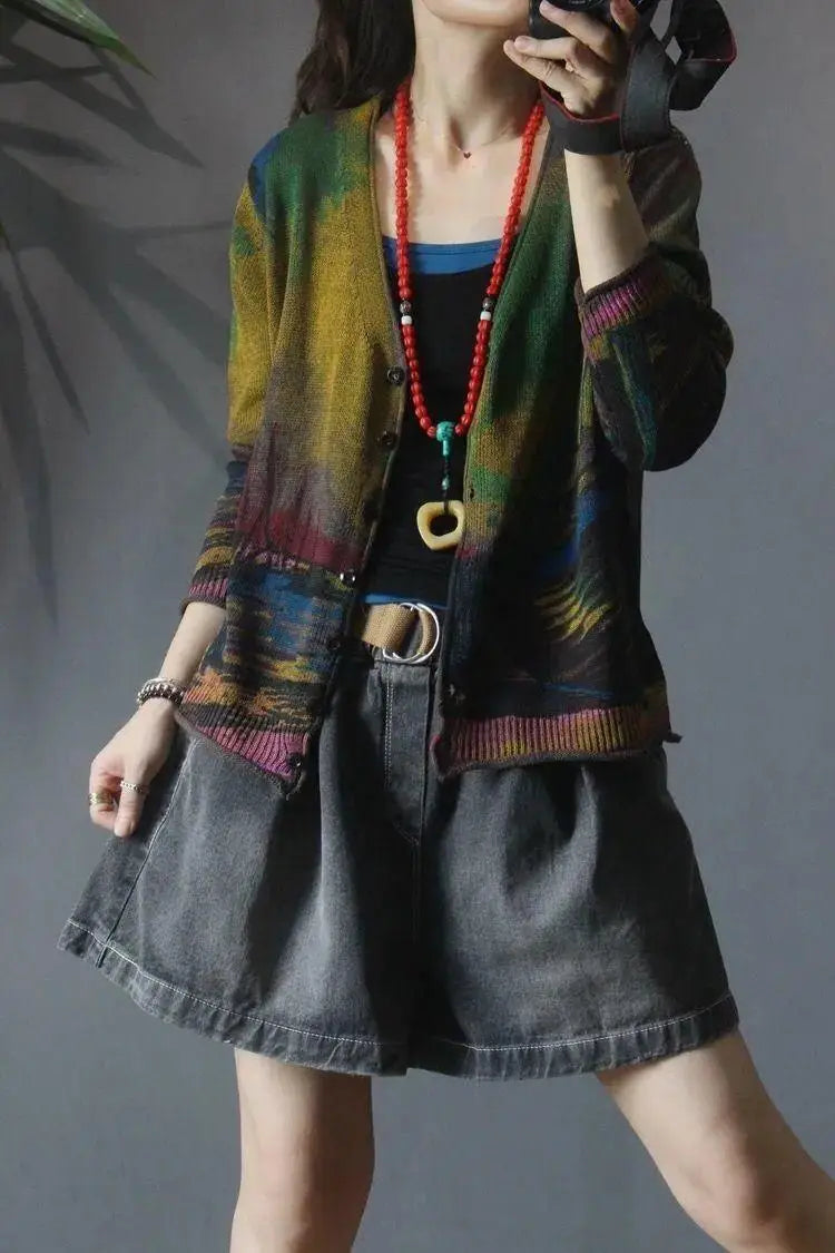 Women's Cardigans Loose V Neck Graphic Ladies Knit Sweaters Outerwear Fall 2025 Lightweight Korean Streetwear Fashion Hot Y2k