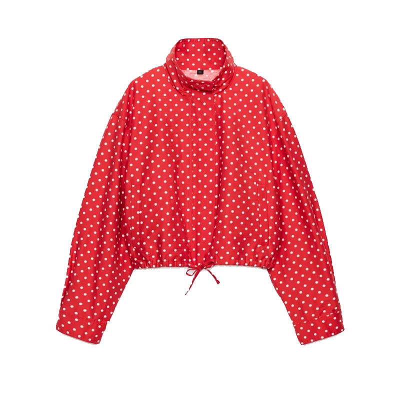 Polka Dot Stand Collar Jacket And High Waist Shorts For Women
