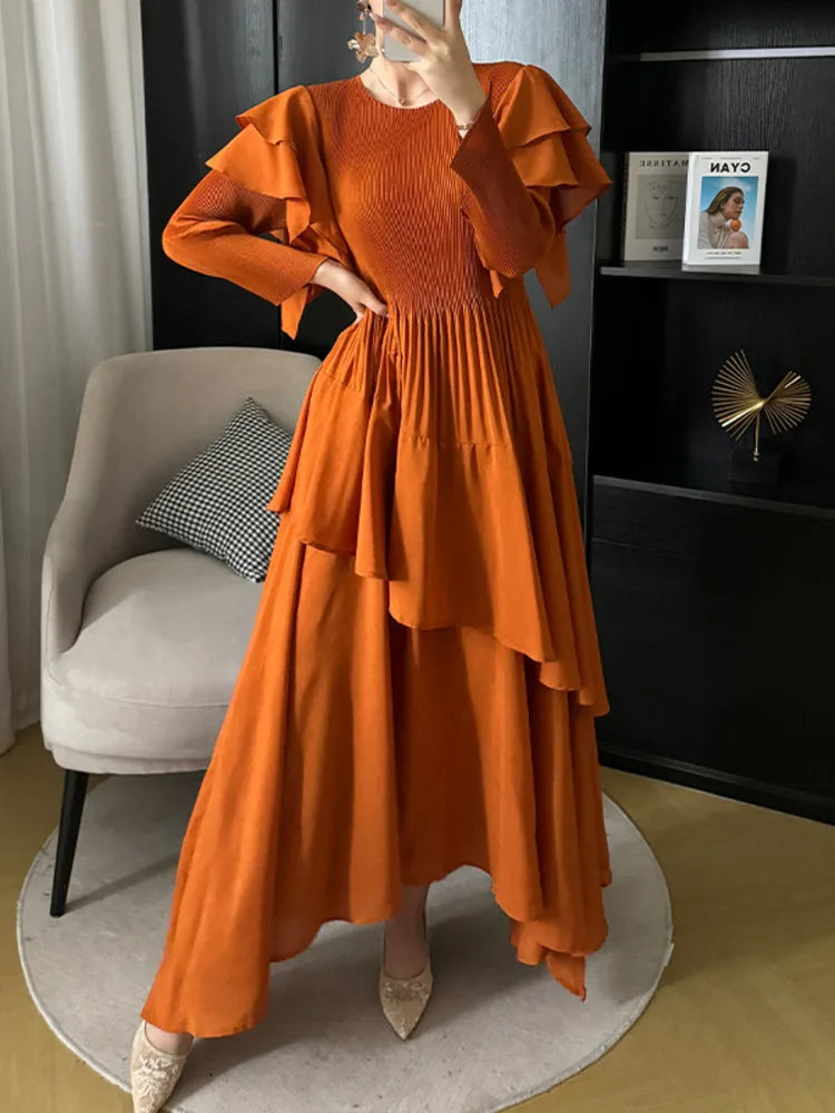 Pleated Tiered Long Sleeve Maxi Dress