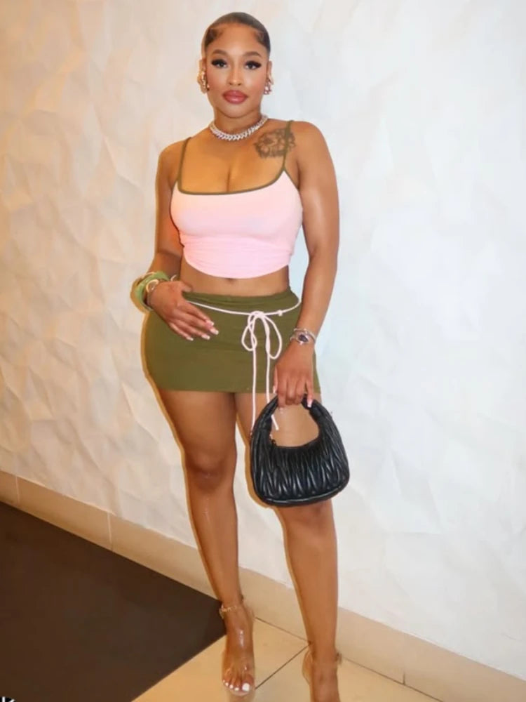 Color Blocking Two Piece Set Backless Camisole And Tassel Skirt for Women
