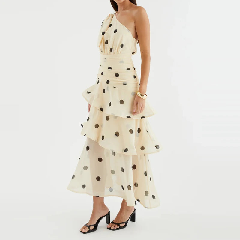 Elegant Polka Dot Ruffle Draped Maxi Dress for Women