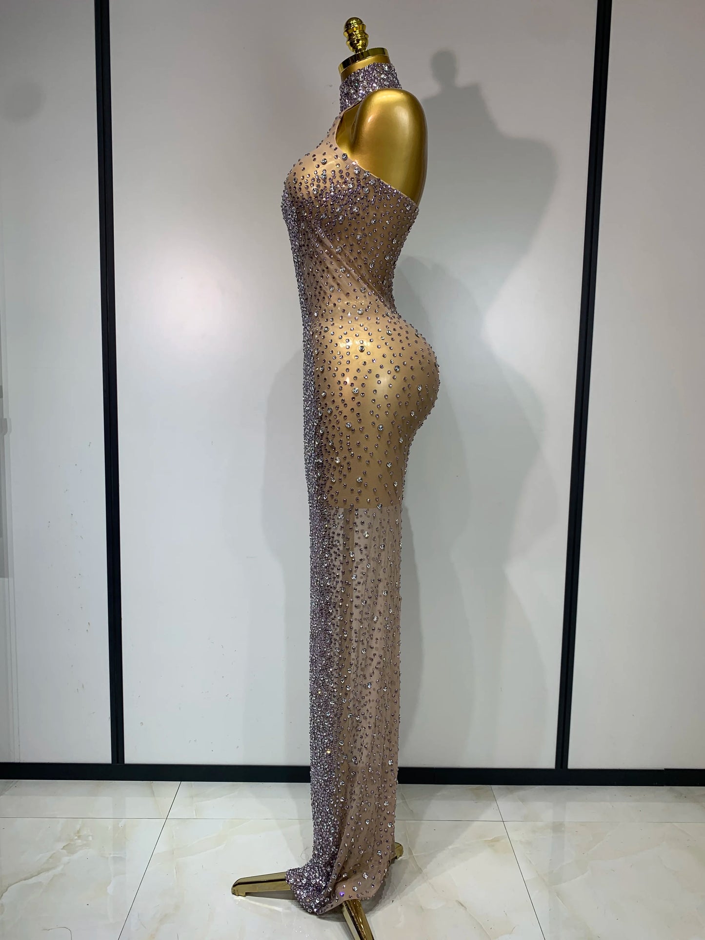 2025 New Sleeveless Mesh See Through Long Dress Sexy Backless Sparkly Rhinestone Dress Celebration Festival Evening Party Gowns