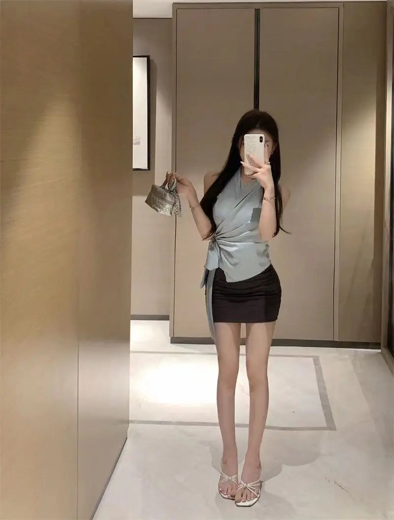 Solid V Neck Bandage Sleeveless Elegant Top for Women