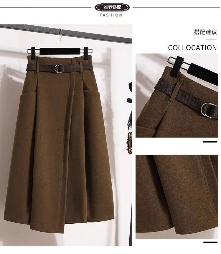High Waisted Black Wool Midi Skirt With Pockets for Women