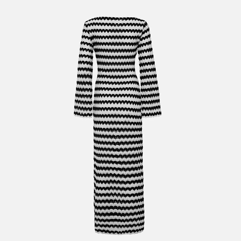 Casual Women O-neck Long Sleeved Slim Fit Dress Side Split Design Streetwear Maxi Dress Mujer Stripe Print Autumn Knitted Dress