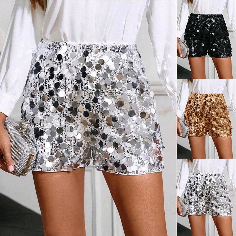 Casual Lightweight Sequined Satin Blend Shorts for Women
