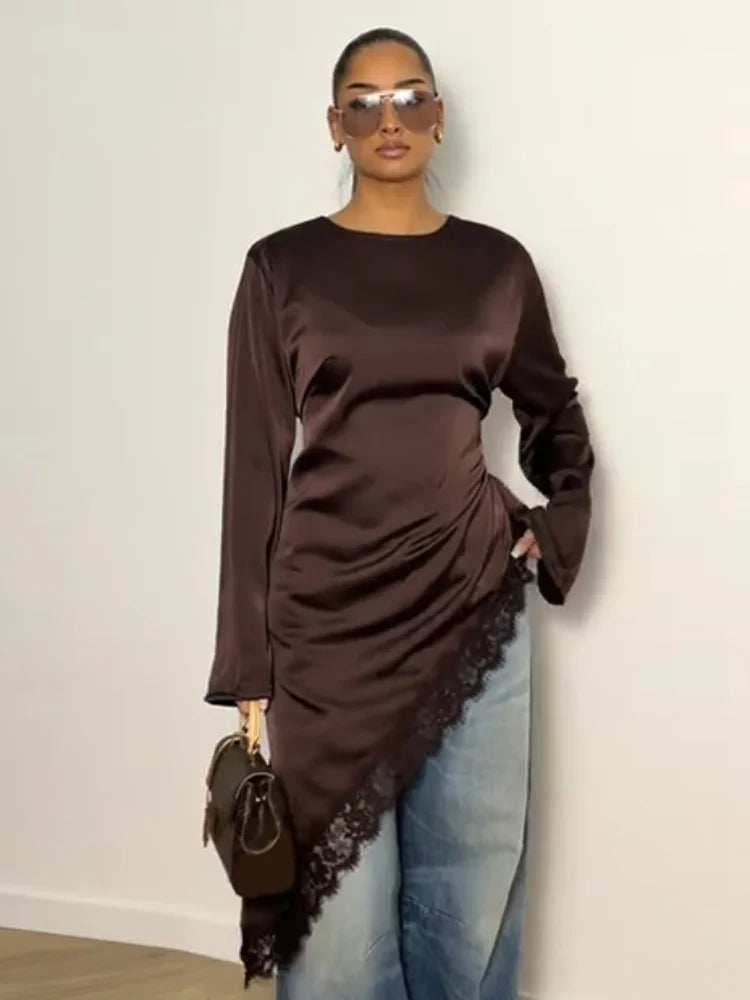 Asymmetric Lace Patchwork Loose Long Sleeve Shirt for Women