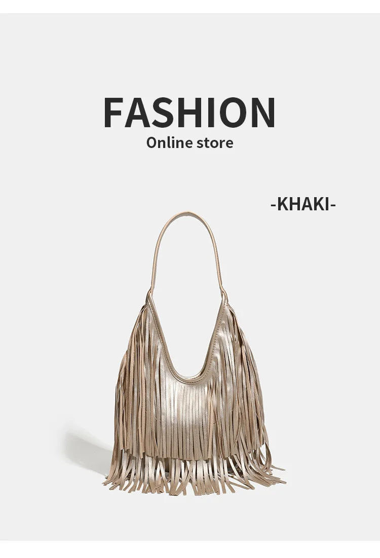 New Women's Shoulder Bag Solid Color Tassel Fashion Women's Shoulder Bag Large Capacity Retro Casual Women's Bag High Quality