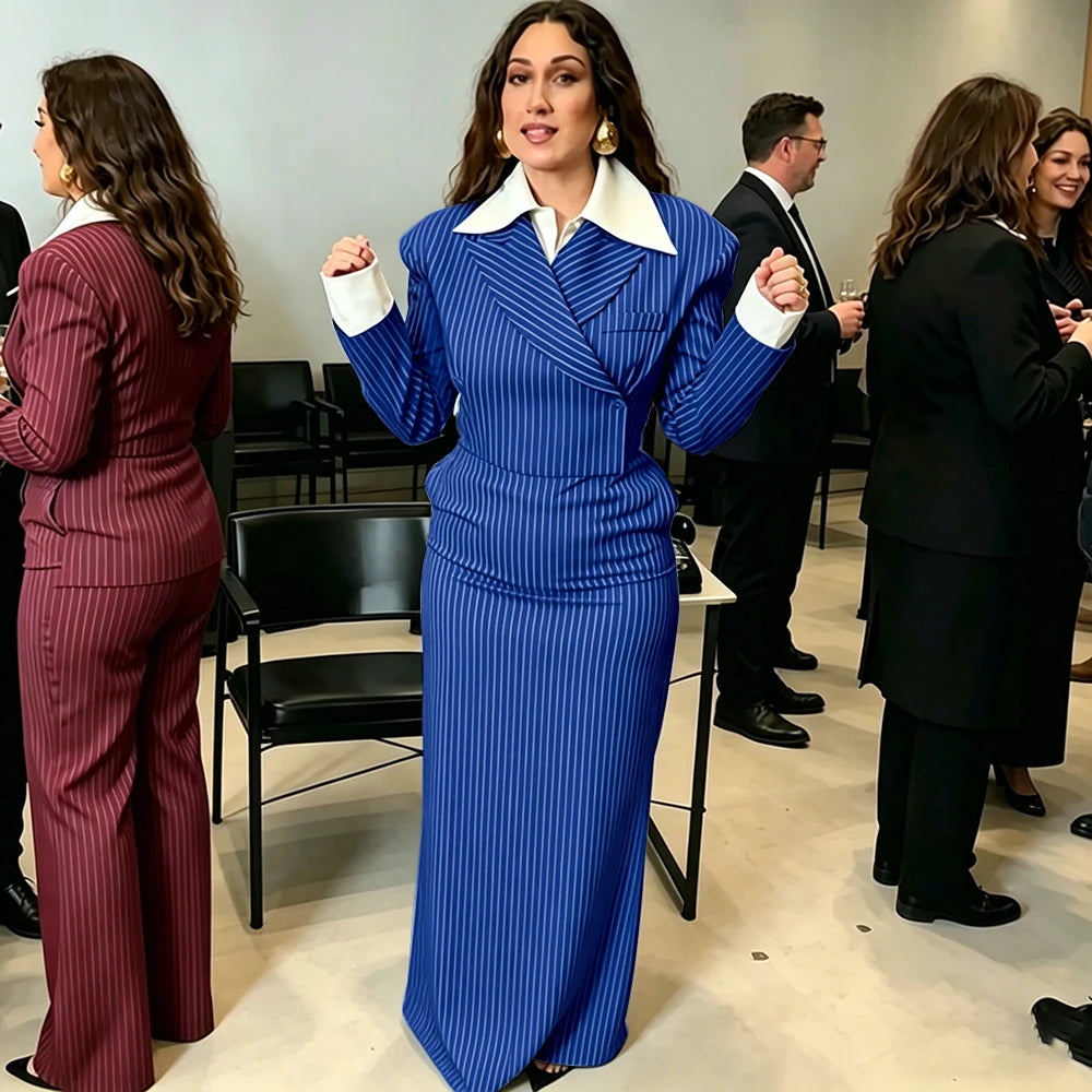 Navy Pinstripe Single Breasted Blazer Skirt Set for Women