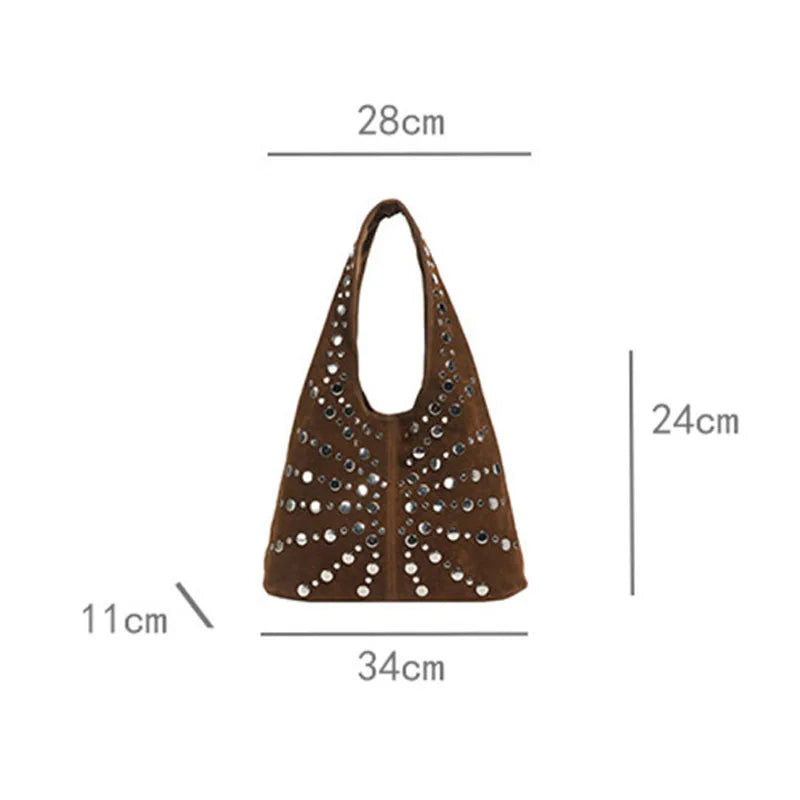 Polka Dot Rivet Tote Bag Women's Fashion Trend Texture Shoulder Bag High-end Luxury Suede Bucket Bag Commuter Female Handbag