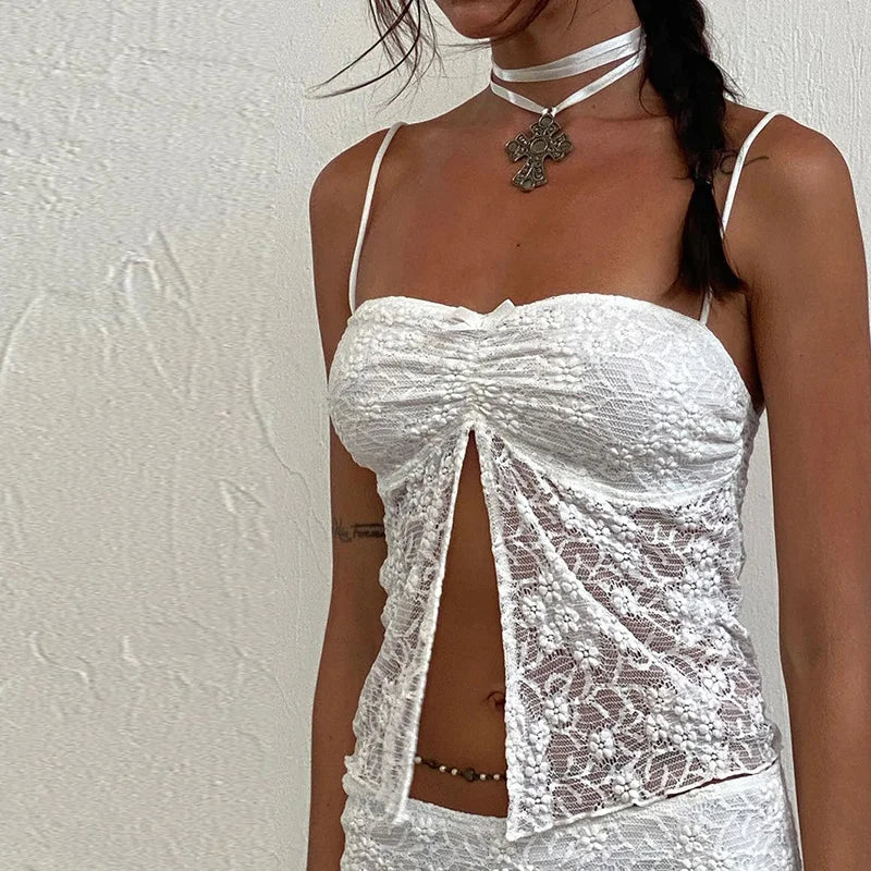 Elegant Chic Two Piece Lace Top and Skirt Set for Women