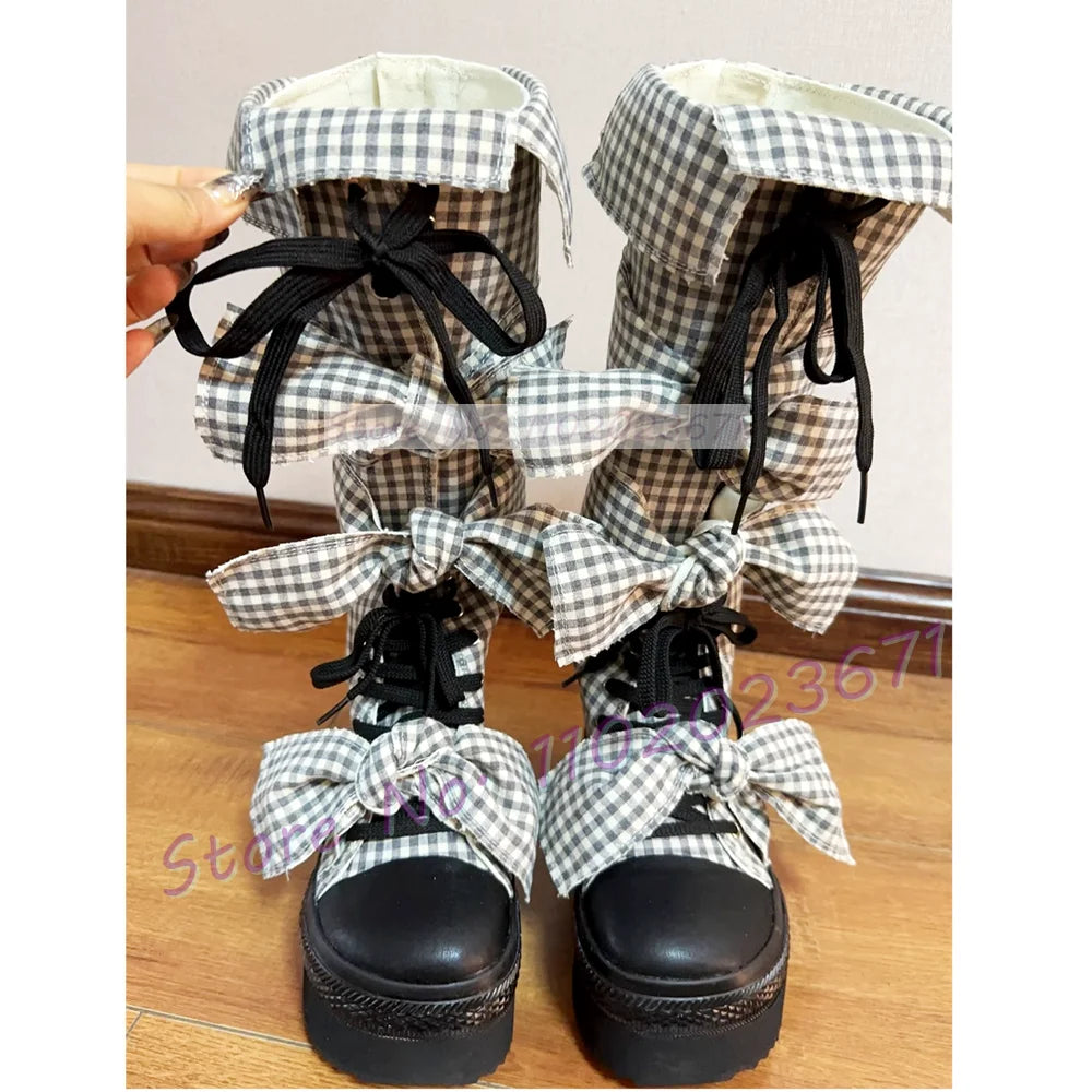 Bowknots Thick-sole Long Canvas Shoes Women Trendy Round Toe Cool Plaid Shoes Girl's Lolita Sweet Lace-up Platform Tall Boots
