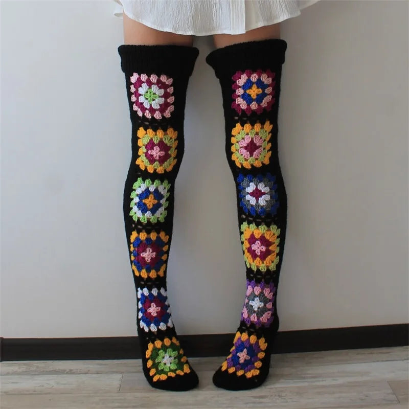 Ethnic Crochet Knit Autumn Winter Thigh High Socks for Women