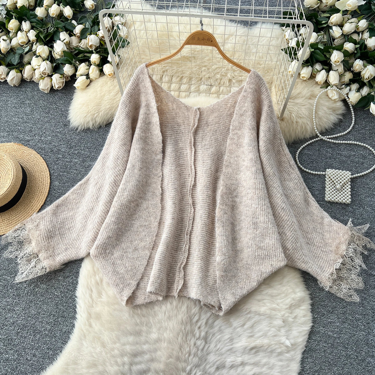 Lace Trim Knit Cardigan and Floral Halter Dress Set for Women