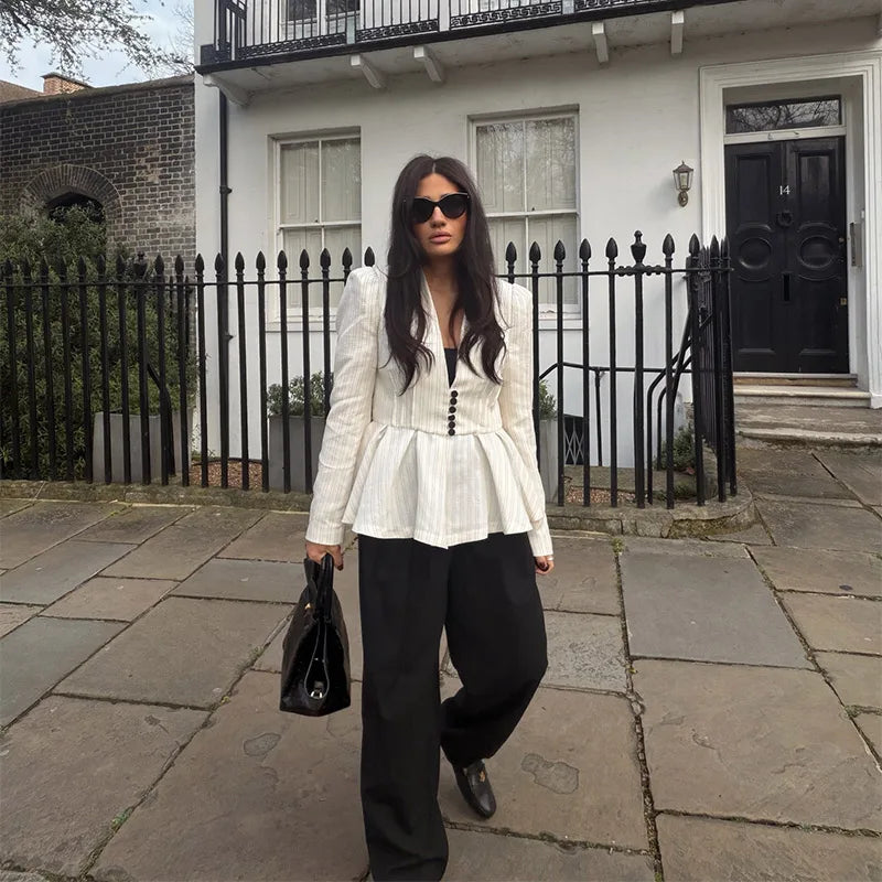 Casual Striped V Neck Ruffle Two Piece Set for Women