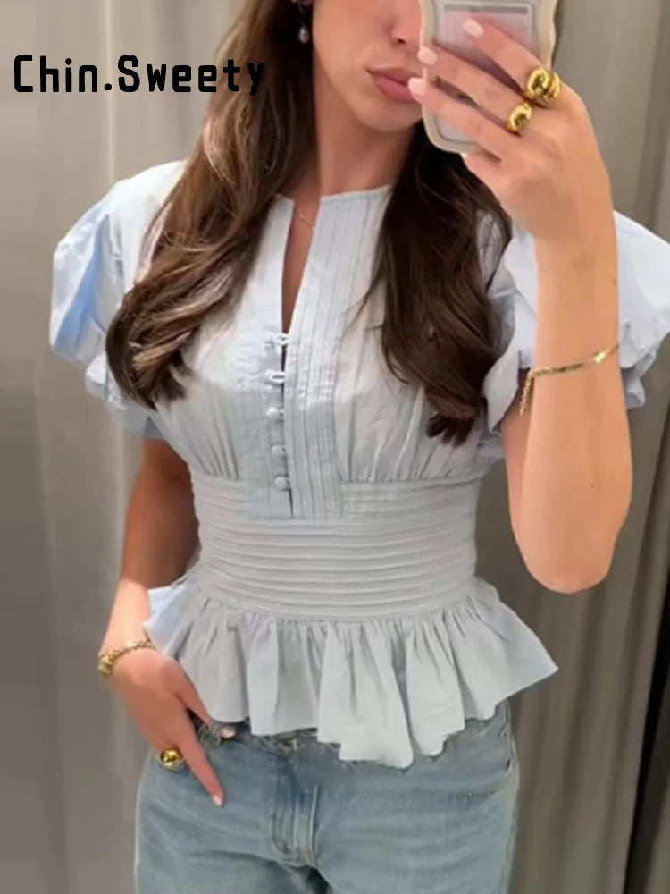 Elegant Puff Sleeve Cinched Waist Solid Color Blouse for Women