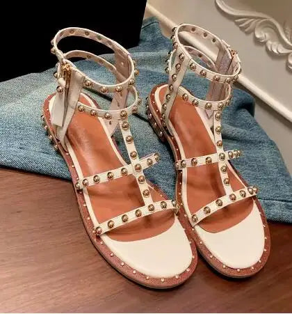 Retro Brown Rivet Studded Open Toe Slingback Sandals for Women