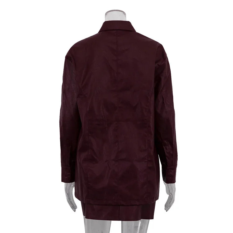 Faux Leather Two Piece Dress Coat Set