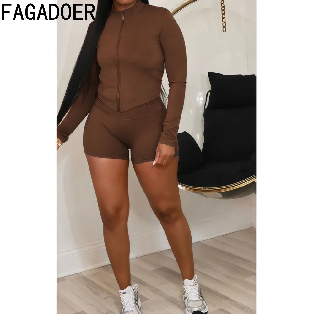 FAGADOER Fashion Sports Two Piece Outfits Woman Long Sleeve Zipper Jacket and High Waist Leggings Jogger Female Streetwear New