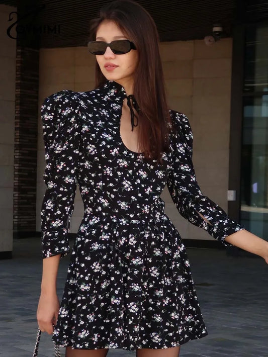 Oymimi Elegant Black White Womens Dresses Fashion Three Quarter Sleeve Hollow Out Dresses Casual High Waisted Mini Dress Female