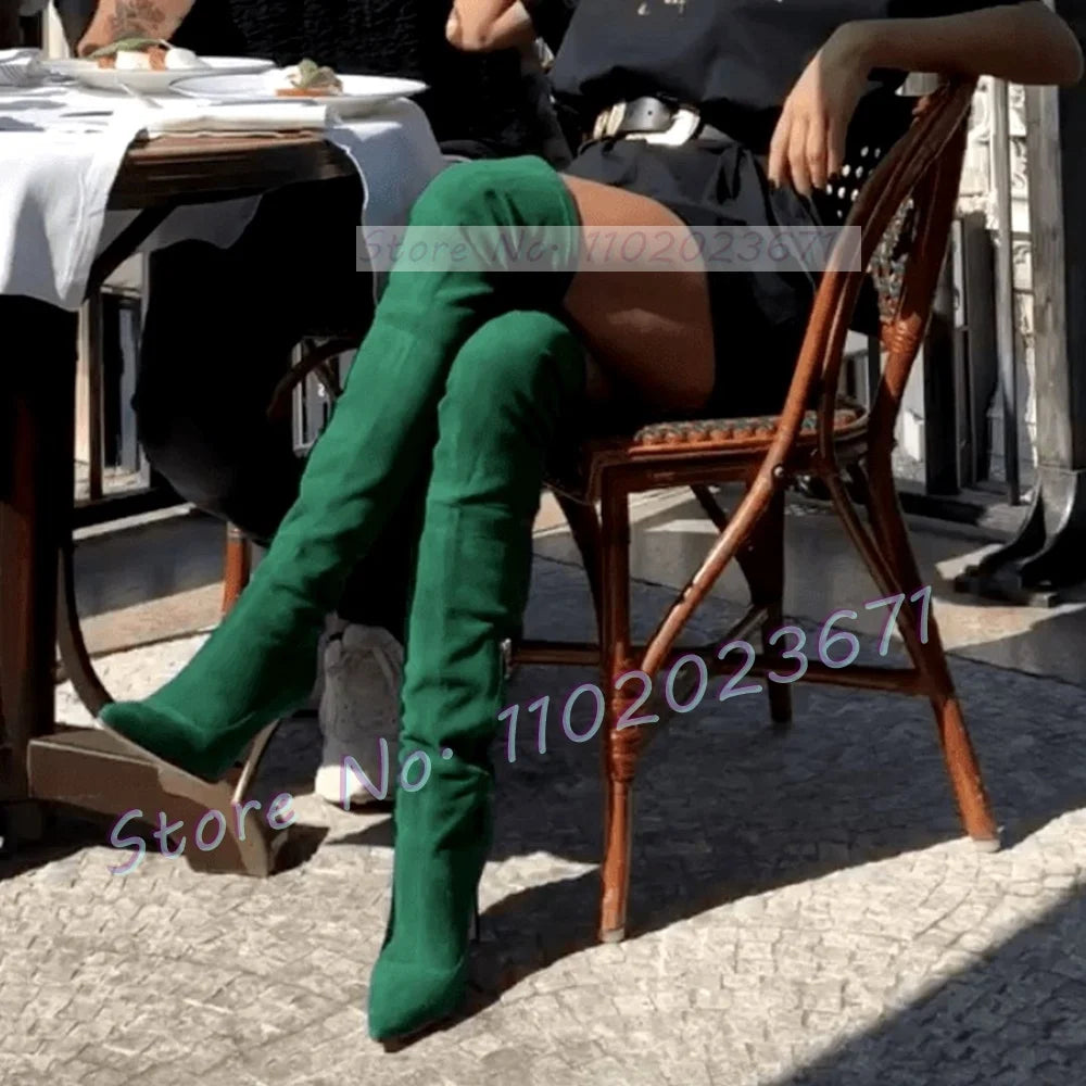 Yellow Suede Splicing Long Boots Women Vintage Streetwear Pointed Toe Over Knee Boots Ladies Green High Heels Sexy Side-zip Shoe