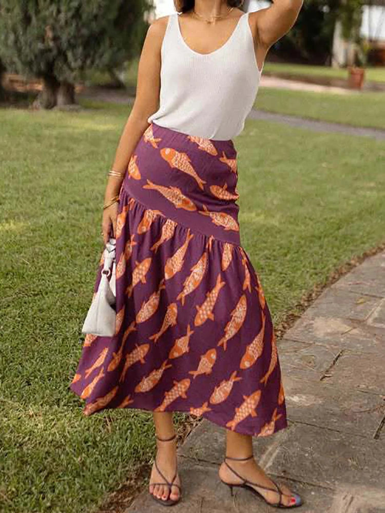 Women Autumn Beach Style Sexy Skirts, 2025 Patchwork Chic Elegant Fashion Skirts, Holiday Simple Retro Print Ladies Maxi Skirts