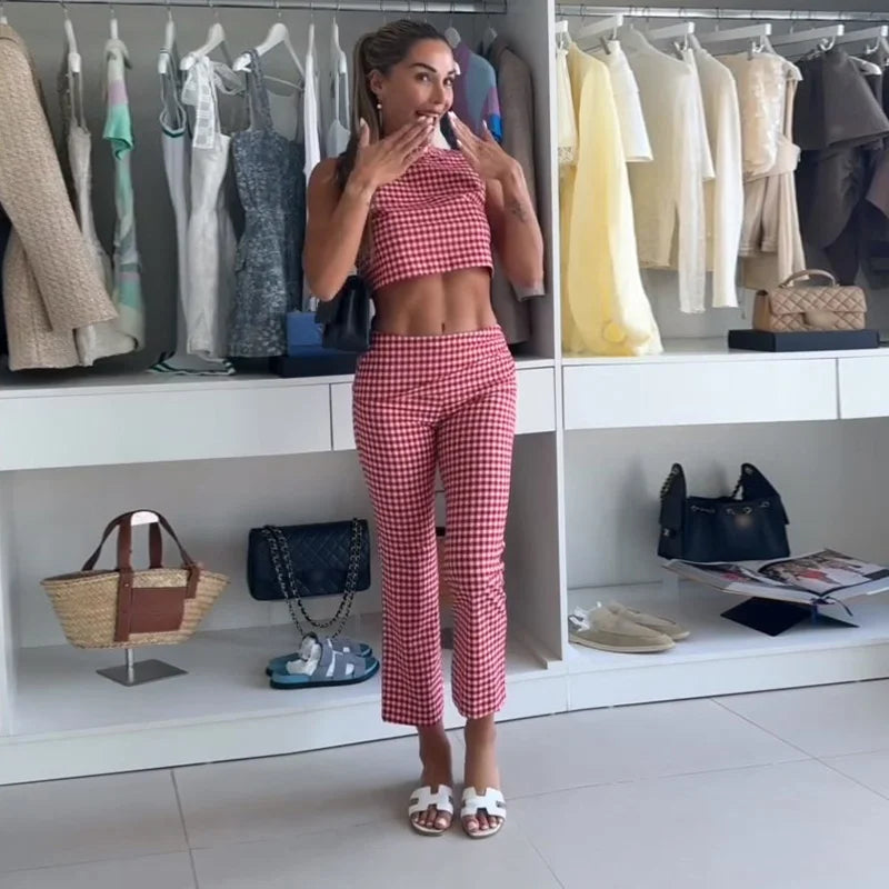 Casual Plaid Vest And Pleated Pants Set Beachwear for Women