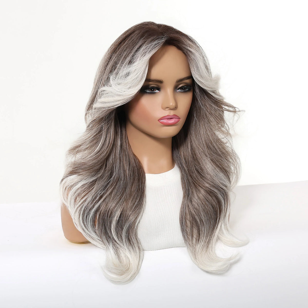 Long Wavy Grey And White Highlight Synthetic Wig for Women
