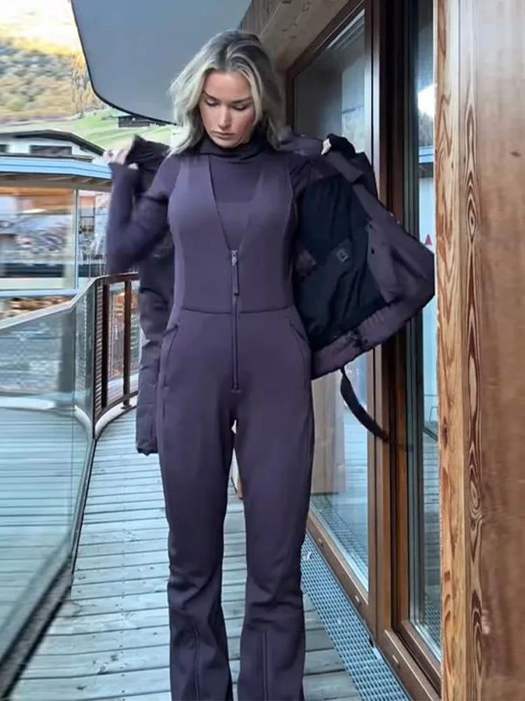 Sleeveless V Neck Ski Jumpsuit With Zippers for Women