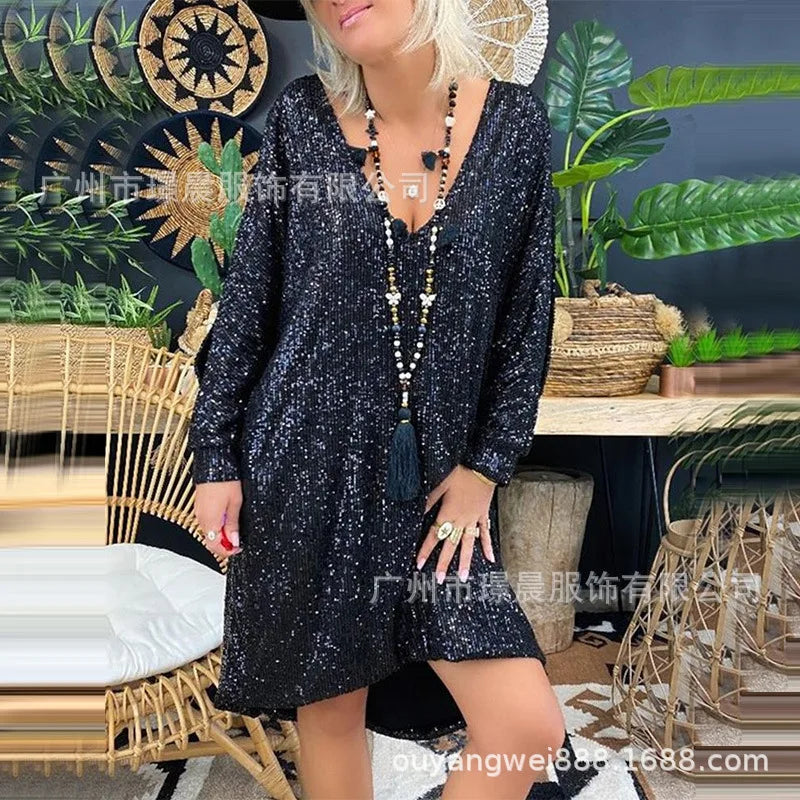 Chic Solid Color Sequin Long Sleeve Mini Dress for Women