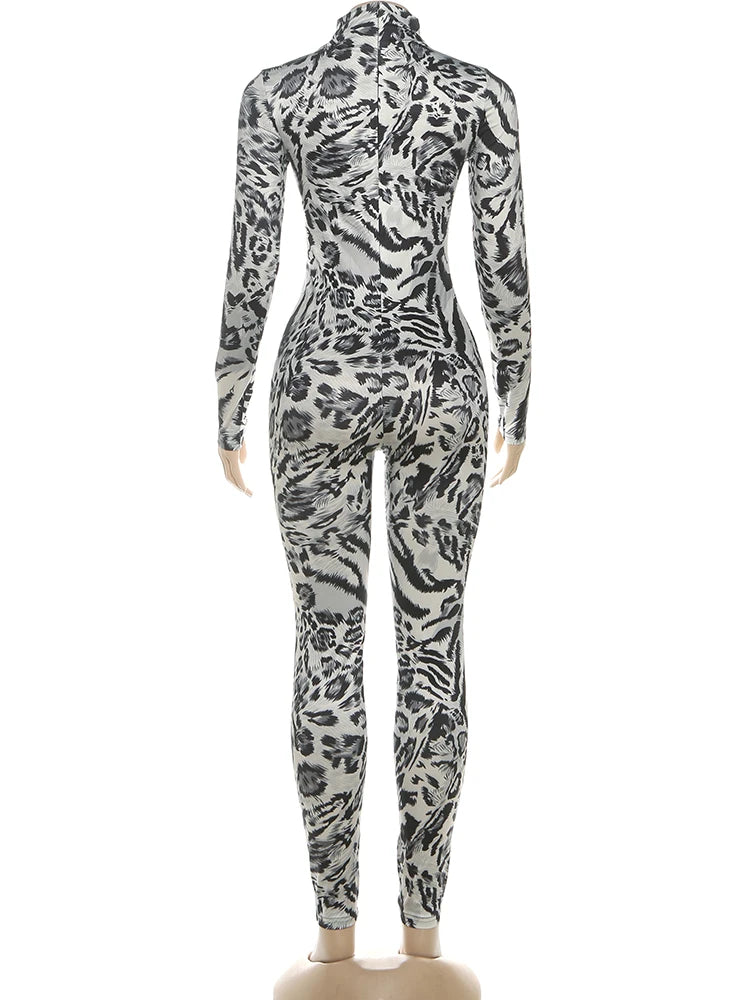 Leopard Print Turtleneck Slim Fit Jumpsuit for Women