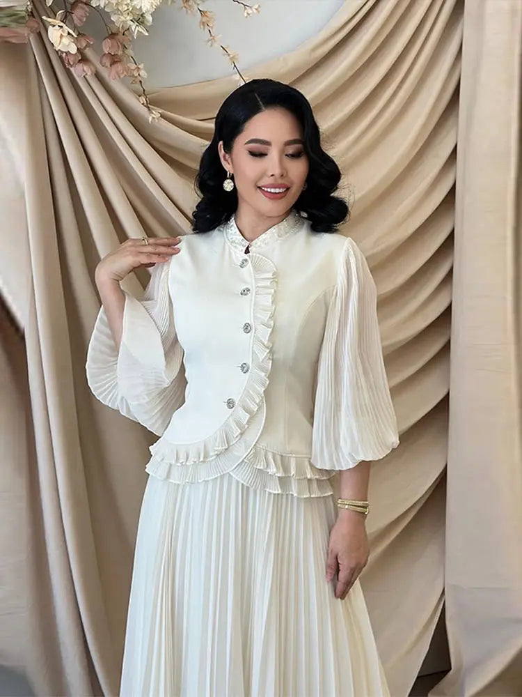Ruffle Lantern Sleeve Top and Pleated Skirt Set for Women
