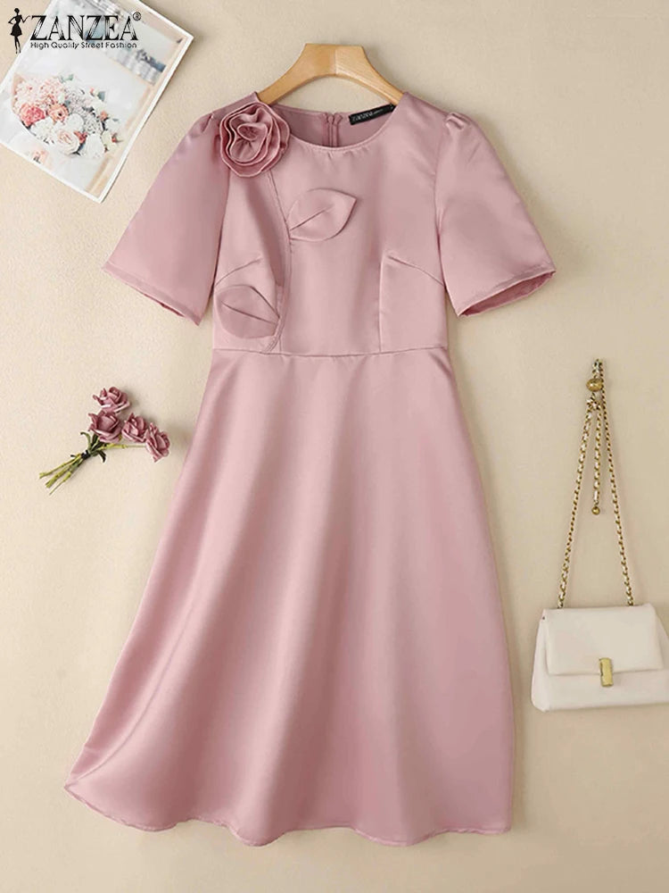 Satin Floral Applique Midi Dress
