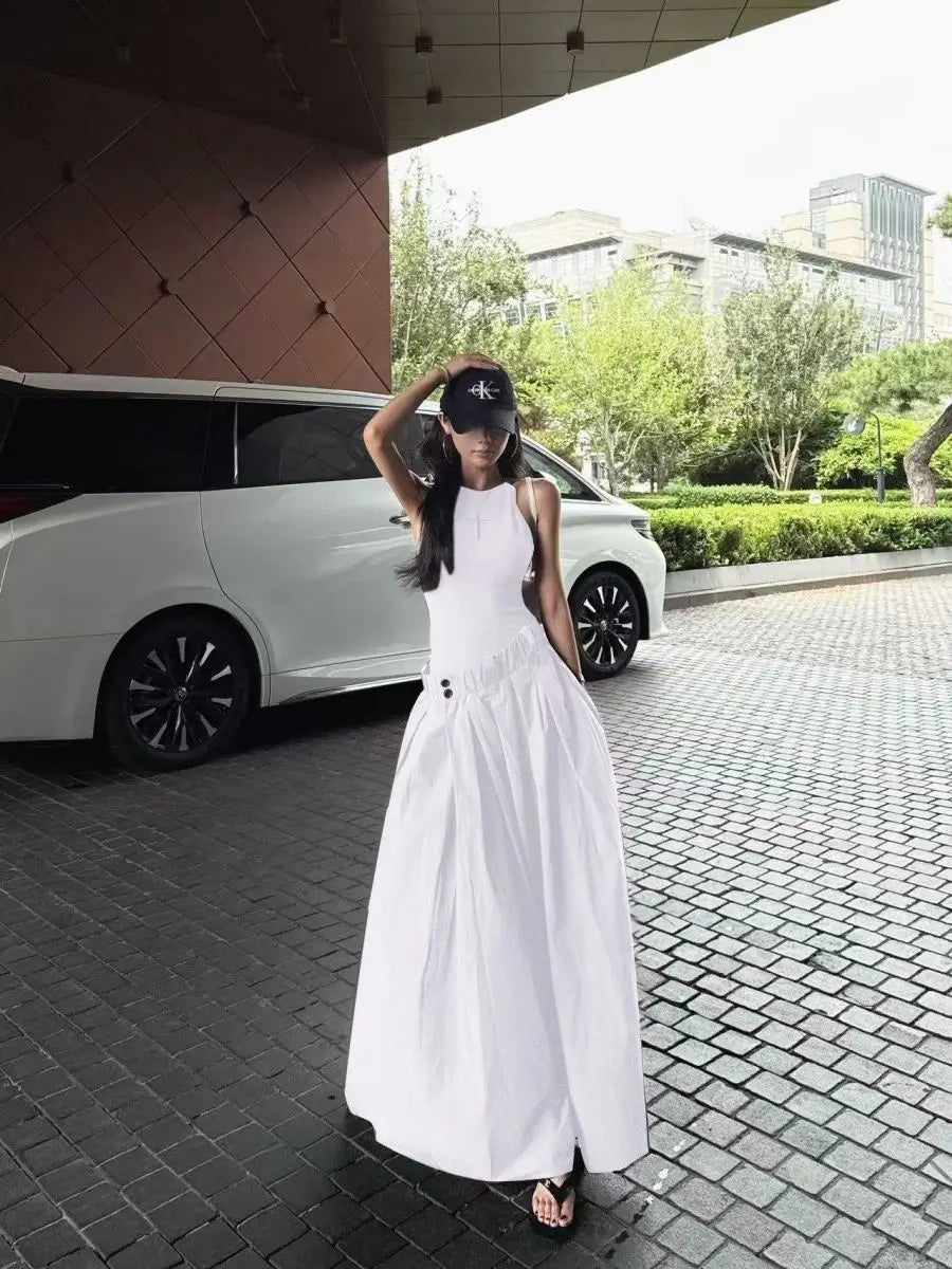 Gray High Waist Button Placket Midi Dress For Women