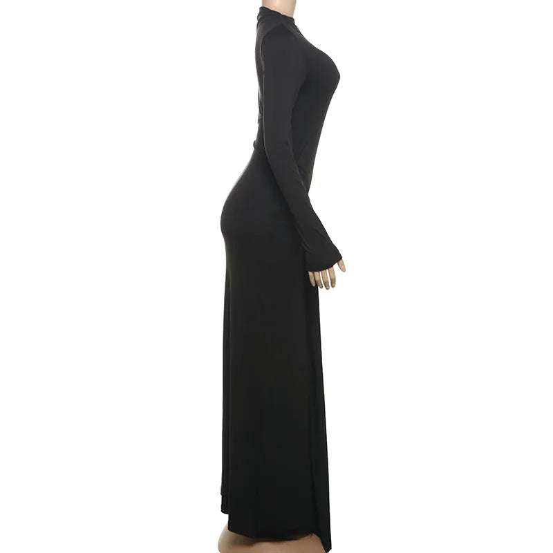 Elegant Solid Buckle Bandage Slim Maxi Dress for Women Autumn Long Sleeve Bodycon Holidays Party Dress Lady Casual Dress