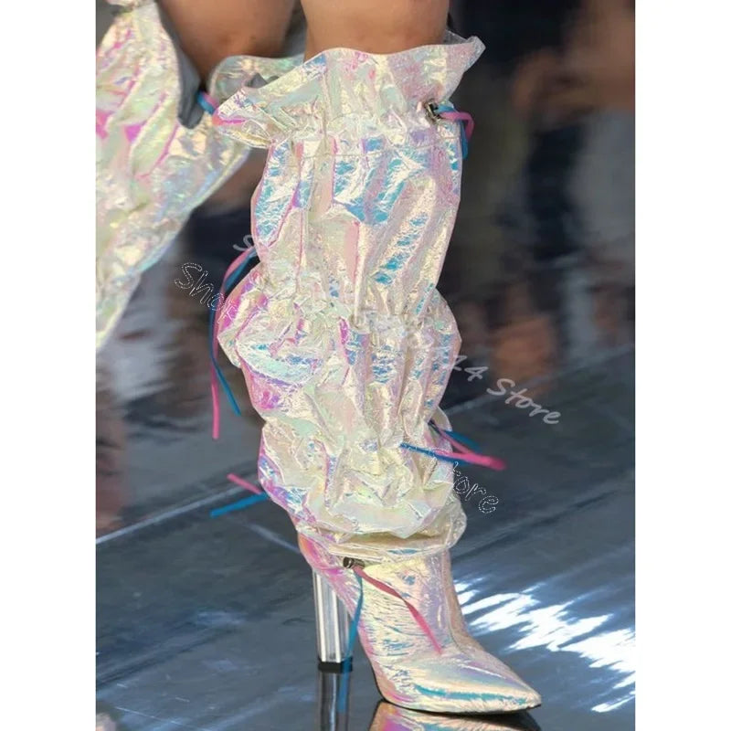 Silver Pleated Pointed Toe Boots With Clear Chunky Heels For Women