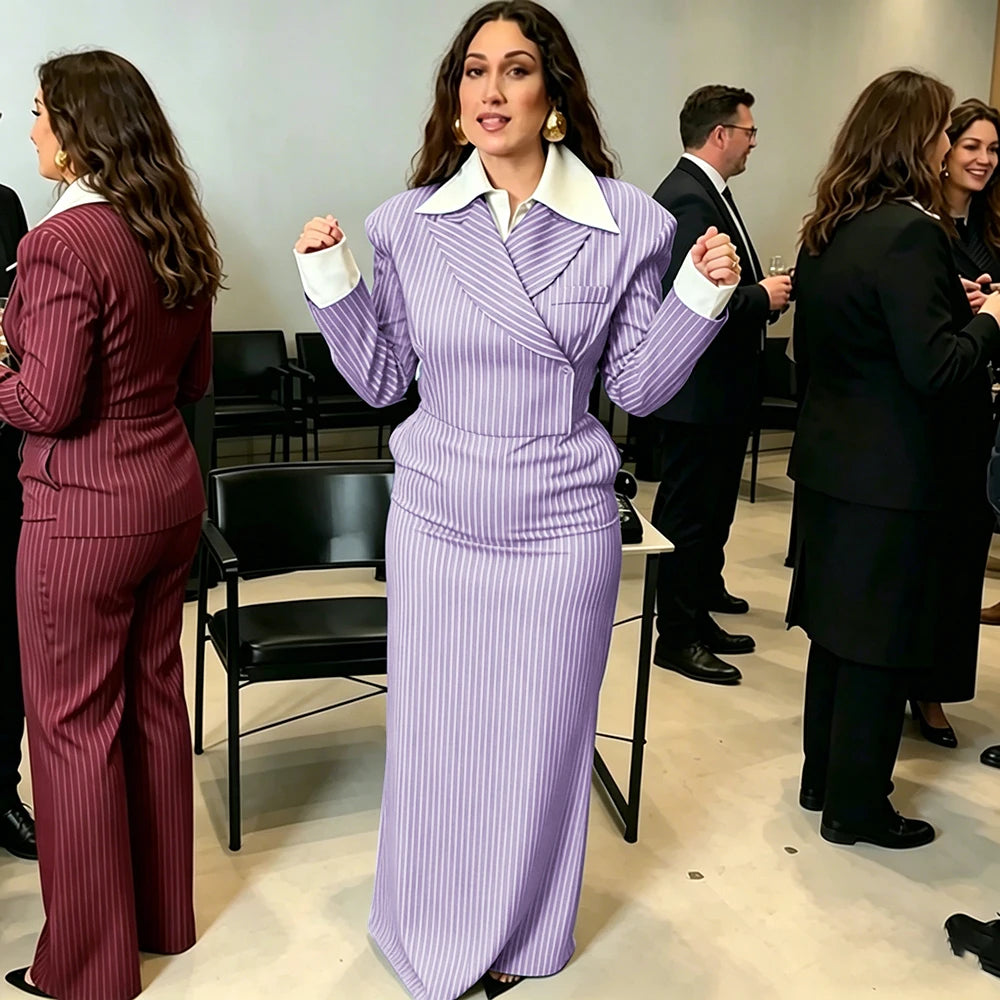 Navy Pinstripe Single Breasted Blazer Skirt Set for Women