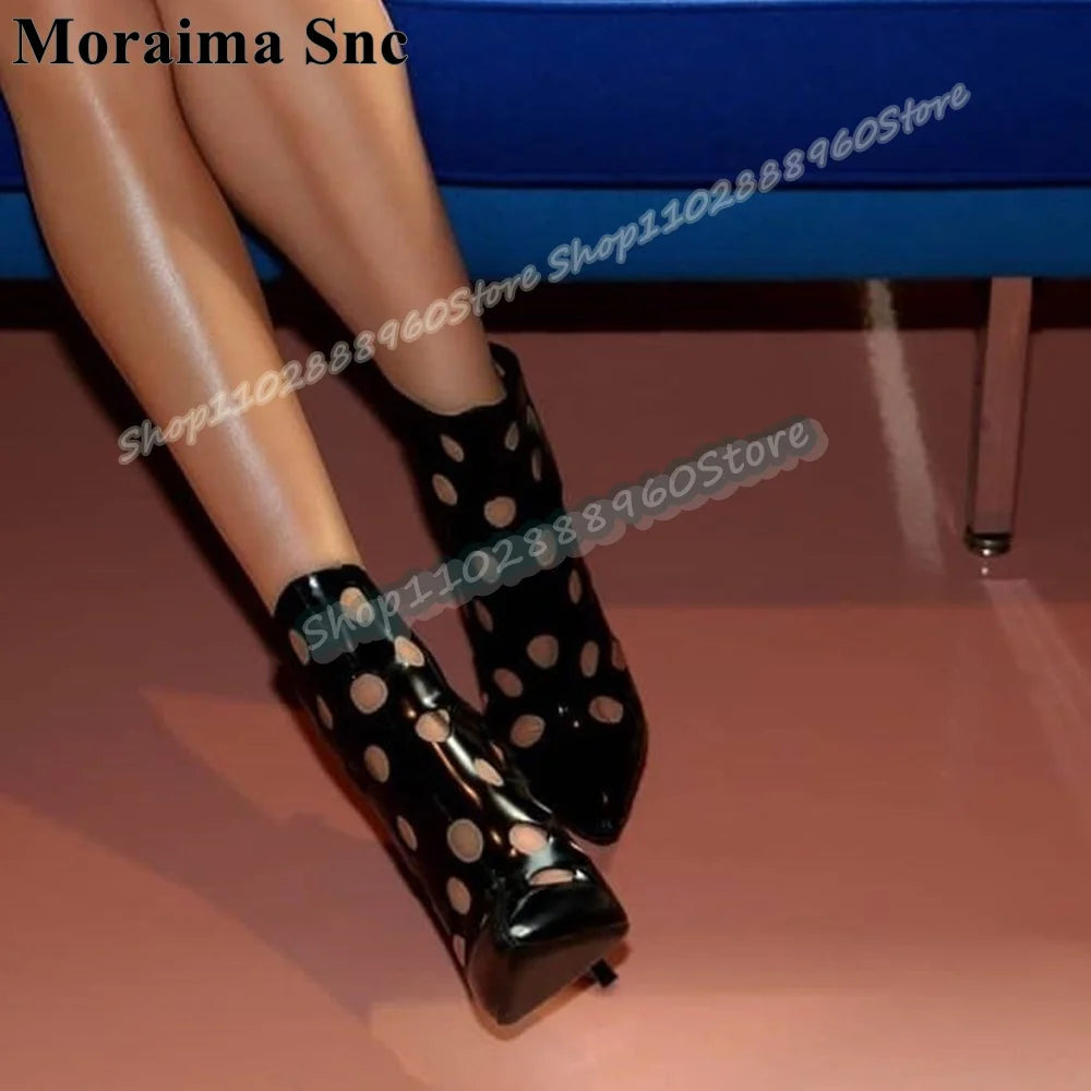 Black Leather Cutout Pointed Toe Stiletto Sandals For Women