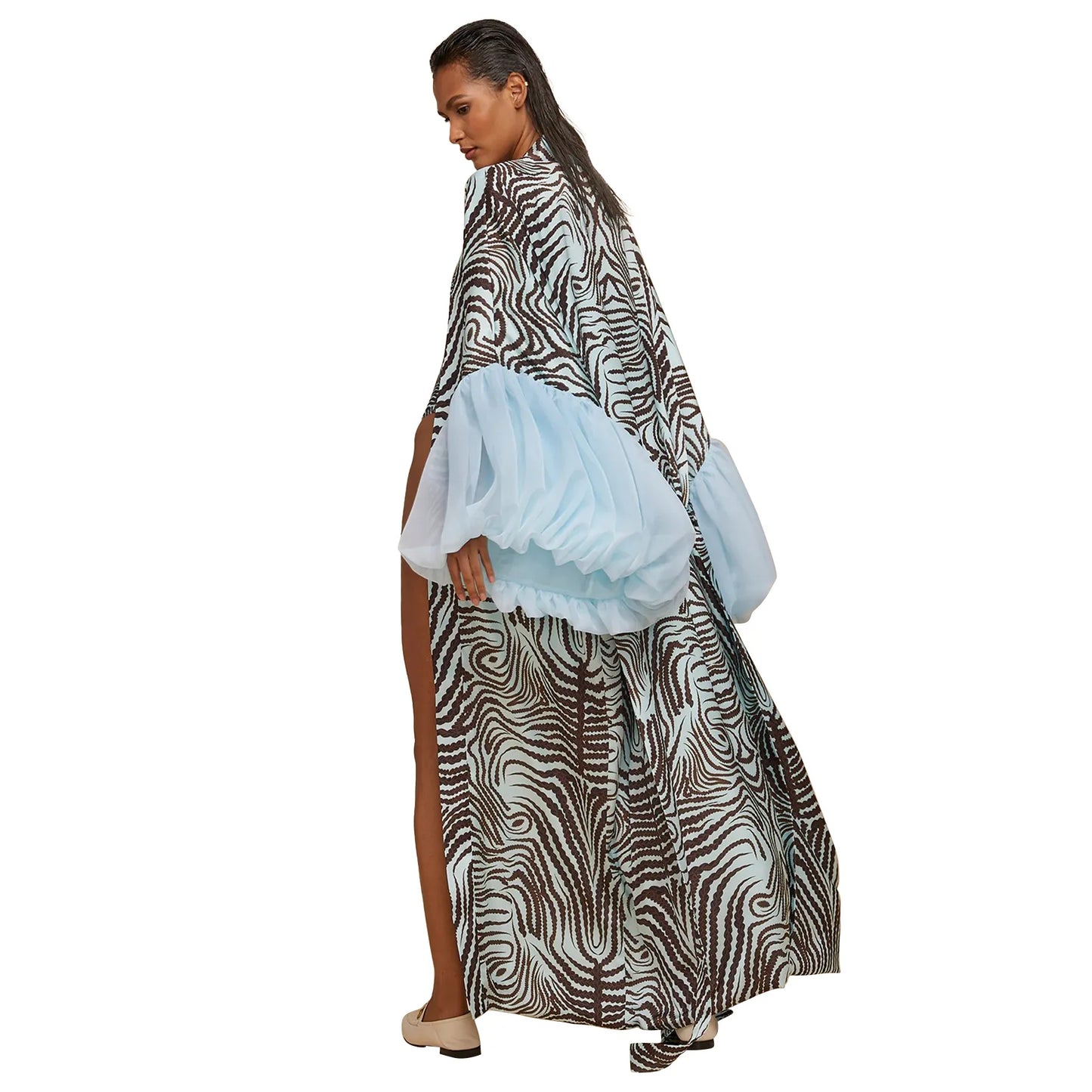 Vintage Floral Printed Chiffon Long Cardigan With Ruffle Sleeves for Women
