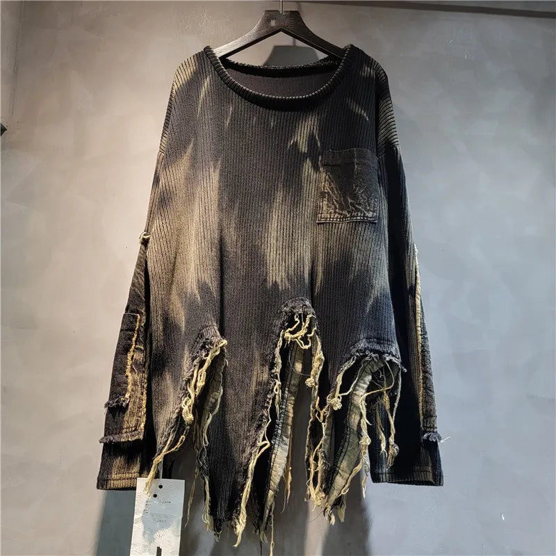 YEAE women's pullover long-sleeved tie-dye irregular old patchwork retro loose denim sweater 2024 autumn new fashion