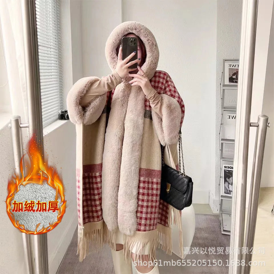 Faux Rabbit Fur Plaid Hooded Poncho Coat for Women