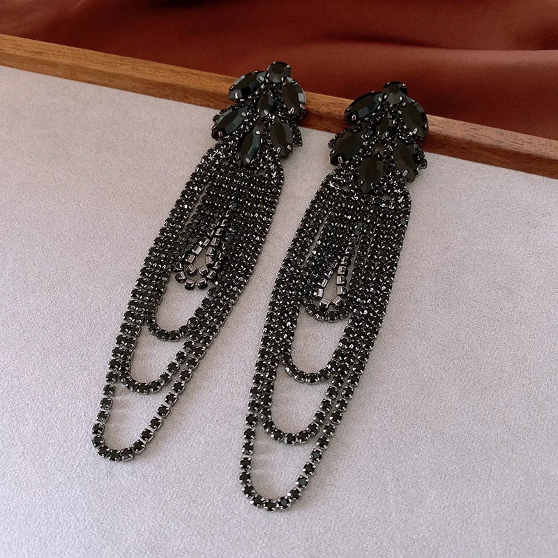Long Rhinestone Leaf Tassel Drop Earrings for Women