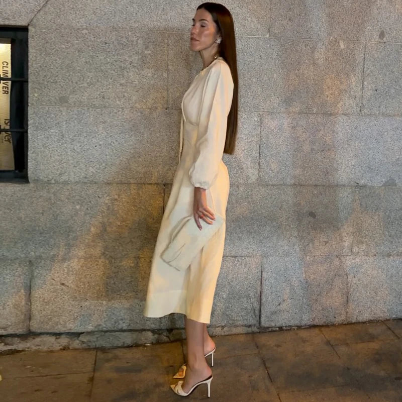 Lace Up Pleated Lantern Sleeve Midi Dress for Women