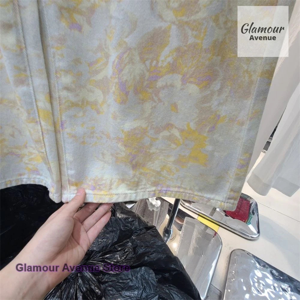 French retro yellow tie-dye printed wide-leg jeans women's spring and autumn fashion design casual wild straight mop pants.