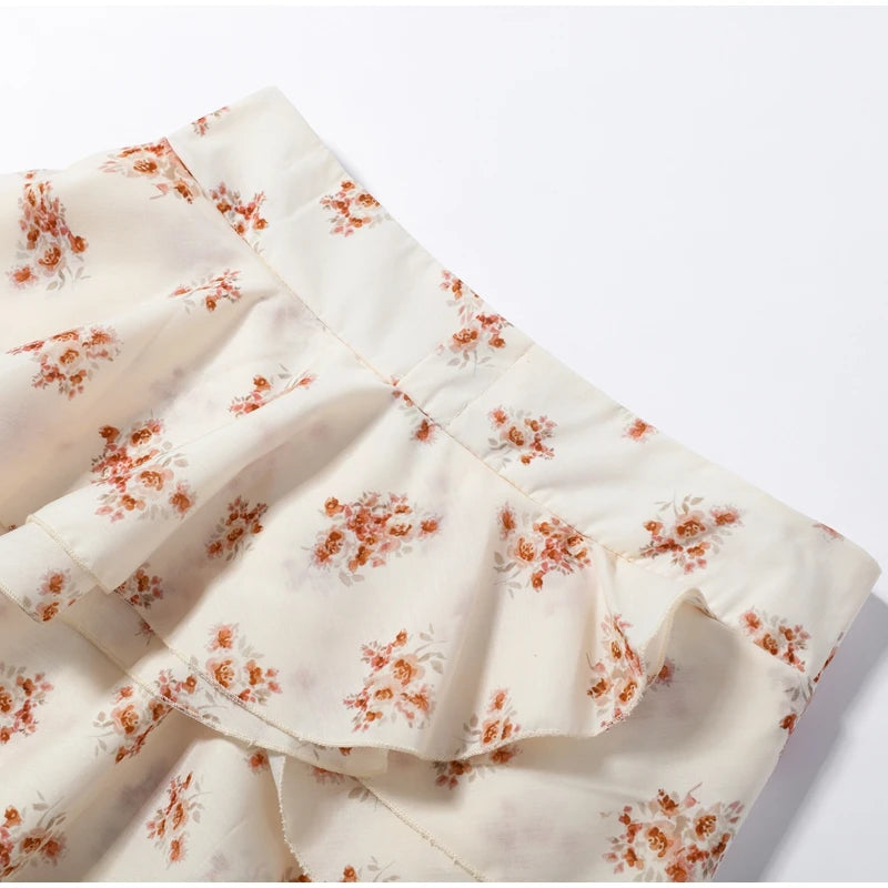 Floral Print Slim Top and Ruffle Skirt Set for Women