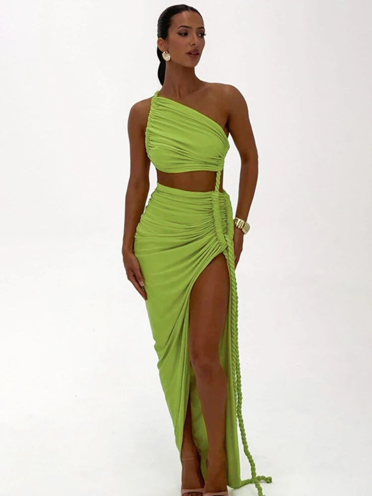 BOOFEENAA Asymmetrical Ruched Backless High Split Long Dresses 2025 Woman Summer Dress Elegant Sexy Vacation Outfits C70-FD75