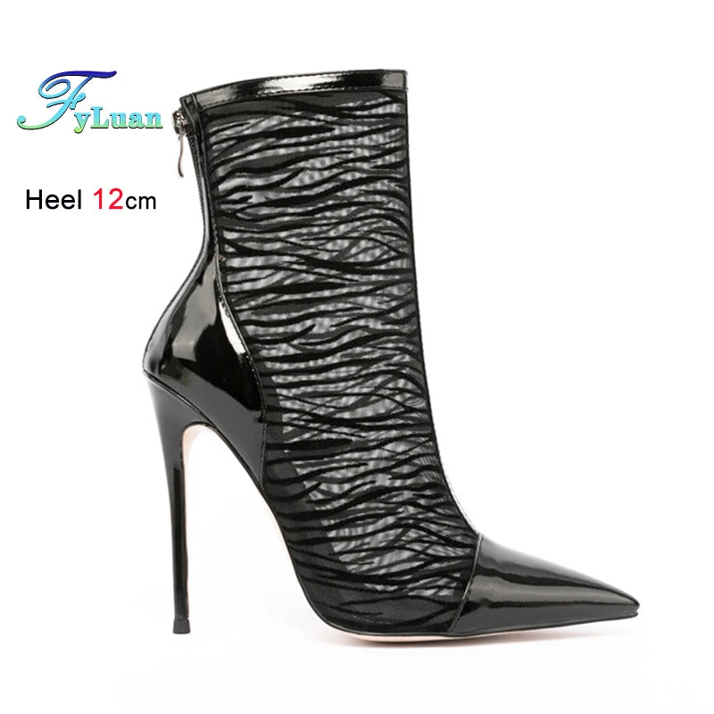 Elegant Black Mesh Stiletto Ankle Boots With Pointy Toe Rear Zipper For Women